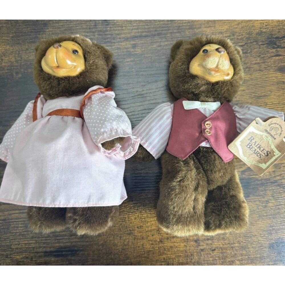 Robert Raikes Bears George & Grace Pair Wood Face Teddy Plush Vintage